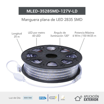 MANGUERA PLANA LED 3528 SMD EXTERIOR | IP65 | 127V - 150W | LUZ SUAVE CÁLIDA | 25 METROS